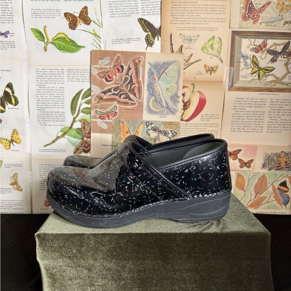 Dansko Black Glitter Clogs with Multicolor Sparkles size 39